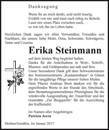 Traueranzeige von Erika Steinmann  von Magdeburger Volksstimme