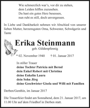 Traueranzeige von Erika Steinmann (geb. Güldenpfennig)  von Magdeburger Volksstimme