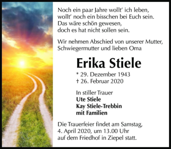 Traueranzeige von Erika Stiele  von Magdeburger Volksstimme