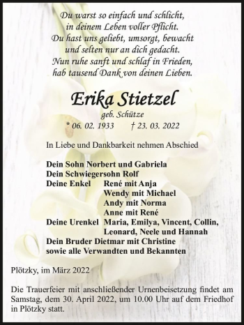 Traueranzeige von Erika Stietzel (geb. Schütze)  von Magdeburger Volksstimme