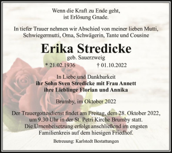 Traueranzeige von Erika Stredicke (geb. Sauerzweig)  von Magdeburger Volksstimme