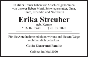 Traueranzeige von Erika Streuber (geb. Kempe)  von Magdeburger Volksstimme