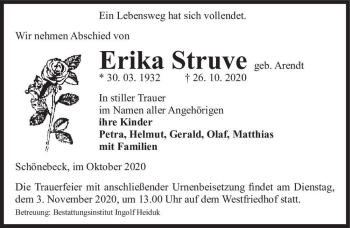 Traueranzeige von Erika Struve (geb. Arendt)  von Magdeburger Volksstimme