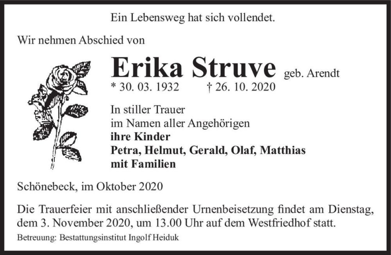  Traueranzeige für Erika Struve (geb. Arendt)  vom 28.10.2020 aus Magdeburger Volksstimme