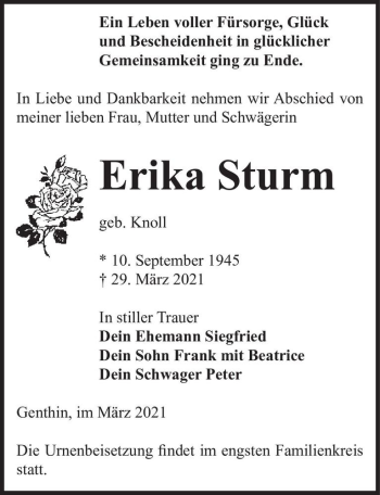 Traueranzeige von Erika Sturm (geb. Knoll)  von Magdeburger Volksstimme