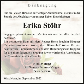 Traueranzeige von Erika Stöhr  von Magdeburger Volksstimme
