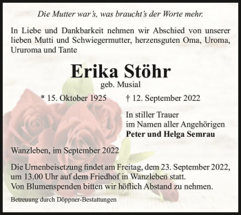 Traueranzeige von Erika Stöhr (geb. Musial)  von Magdeburger Volksstimme
