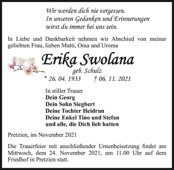Traueranzeige von Erika Swolana (geb. Schulz)  von Magdeburger Volksstimme