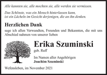 Traueranzeige von Erika Szuminski (geb. Ruff)  von Magdeburger Volksstimme