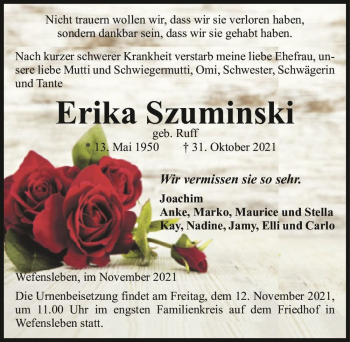 Traueranzeige von Erika Szuminski (geb. Ruff)  von Magdeburger Volksstimme