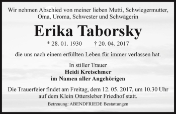 Traueranzeige von Erika Taborsky  von Magdeburger Volksstimme