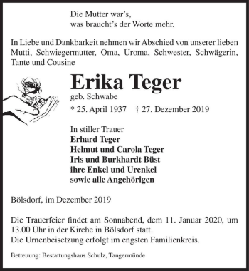 Traueranzeige von Erika Teger (geb. Schwabe)  von Magdeburger Volksstimme