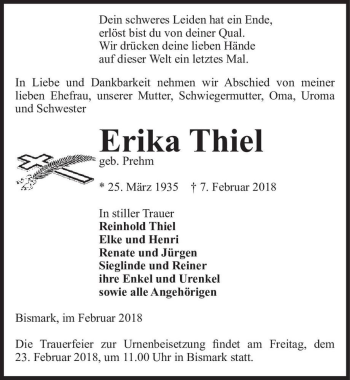 Traueranzeige von Erika Thiel (geb. Prehm)  von Magdeburger Volksstimme