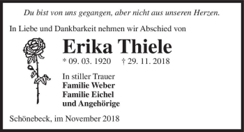 Traueranzeige von Erika Thiele  von Magdeburger Volksstimme