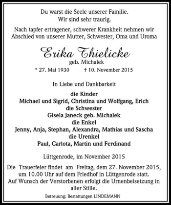 Traueranzeige von Erika Thielicke (geb. Michalek)  von Magdeburger Volksstimme