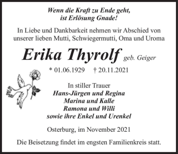 Traueranzeige von Erika Thyrolf (geb. Geiger)  von Magdeburger Volksstimme