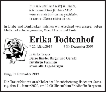 Traueranzeige von Erika Todtenhof  von Magdeburger Volksstimme