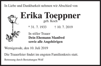 Traueranzeige von Erika Toeppner (geb. Koch)  von Magdeburger Volksstimme