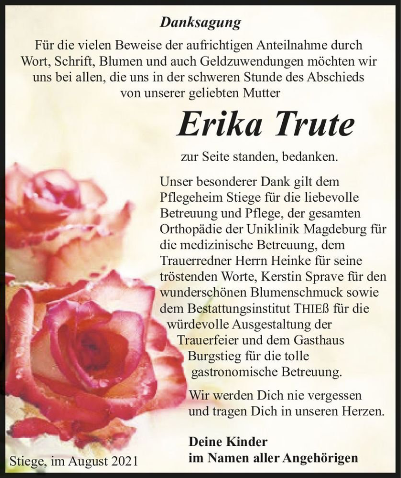  Traueranzeige für Erika Trute  vom 21.08.2021 aus Magdeburger Volksstimme