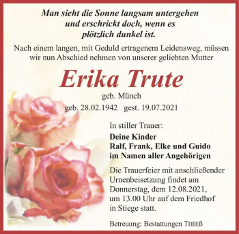 Traueranzeige von Erika Trute (geb. Münch)  von Magdeburger Volksstimme