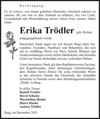 Traueranzeige von Erika Trödler (geb. Richart)  von Magdeburger Volksstimme