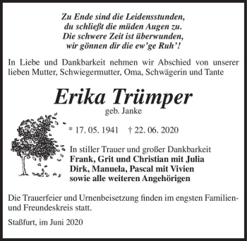 Traueranzeige von Erika Trümper (geb. Janke)  von Magdeburger Volksstimme