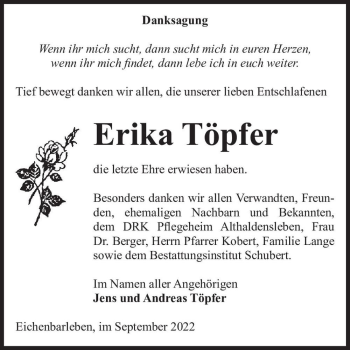 Traueranzeige von Erika Töpfer  von Magdeburger Volksstimme