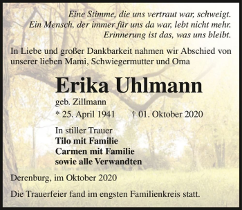 Traueranzeige von Erika Uhlmann (geb. Zillmann)  von Magdeburger Volksstimme