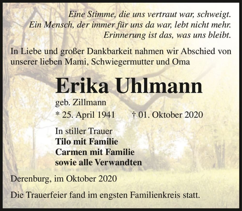  Traueranzeige für Erika Uhlmann (geb. Zillmann)  vom 17.10.2020 aus Magdeburger Volksstimme