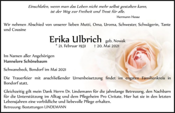 Traueranzeige von Erika Ulbrich (geb. Nowak)  von Magdeburger Volksstimme
