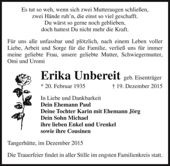 Traueranzeige von Erika Unbereit (geb. Eisenträger)  von Magdeburger Volksstimme