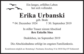 Traueranzeige von Erika Urbanski (geb. Bode)  von Magdeburger Volksstimme