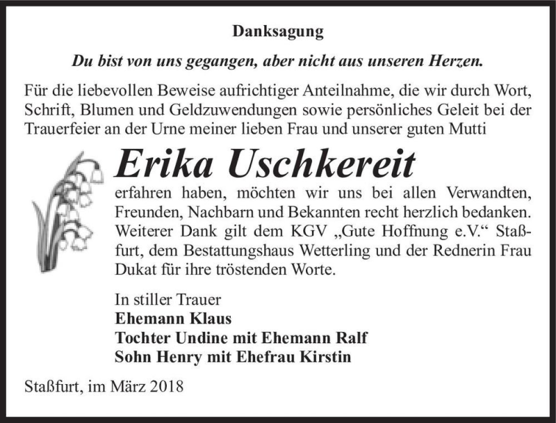  Traueranzeige für Erika Uschkereit  vom 10.03.2018 aus Magdeburger Volksstimme