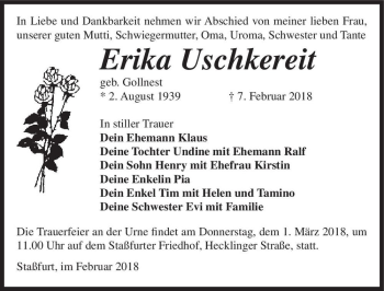 Traueranzeige von Erika Uschkereit (geb. Gollnest)  von Magdeburger Volksstimme