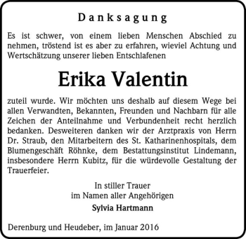 Traueranzeige von Erika Valentin  von Magdeburger Volksstimme