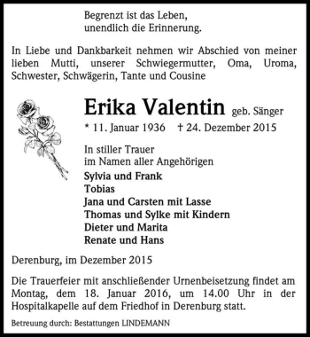 Traueranzeige von Erika Valentin (geb. Sänger)  von Magdeburger Volksstimme