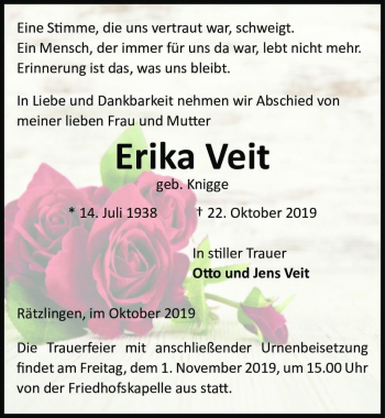 Traueranzeige von Erika Veit (geb. Knigge)  von Magdeburger Volksstimme