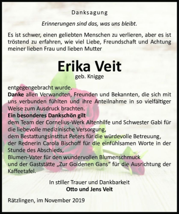 Traueranzeige von Erika Veit (geb. Knigge)  von Magdeburger Volksstimme