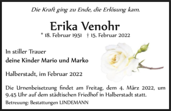 Traueranzeige von Erika Venohr  von Magdeburger Volksstimme