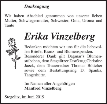 Traueranzeige von Erika Vinzelberg  von Magdeburger Volksstimme