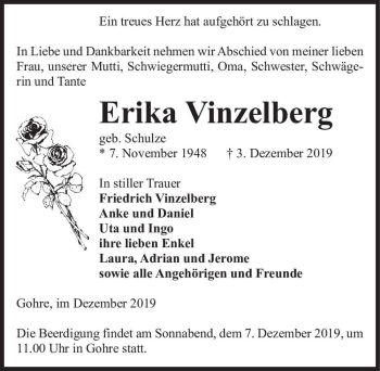 Traueranzeige von Erika Vinzelberg (geb. Schulze)  von Magdeburger Volksstimme