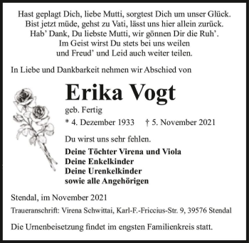 Traueranzeige von Erika Vogt (geb. Fertig)  von Magdeburger Volksstimme