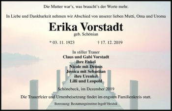 Traueranzeige von Erika Vorstadt (geb. Schönian)  von Magdeburger Volksstimme