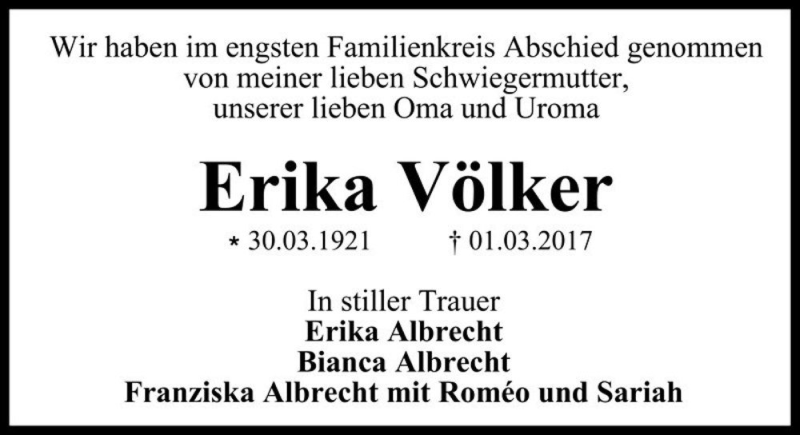  Traueranzeige für Erika Völker  vom 18.03.2017 aus Magdeburger Volksstimme