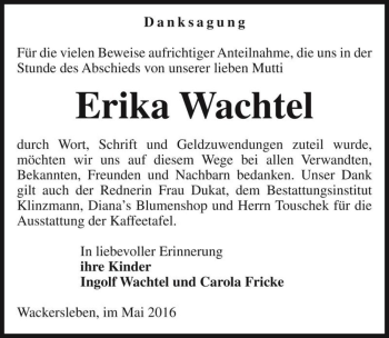 Traueranzeige von Erika Wachtel  von Magdeburger Volksstimme