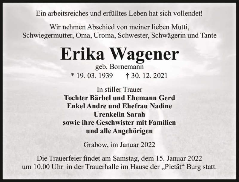  Traueranzeige für Erika Wagener (geb. Bornemann)  vom 07.01.2022 aus Magdeburger Volksstimme