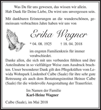 Traueranzeige von Erika Wagner  von Magdeburger Volksstimme