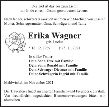 Traueranzeige von Erika Wagner (geb. Lucius)  von Magdeburger Volksstimme