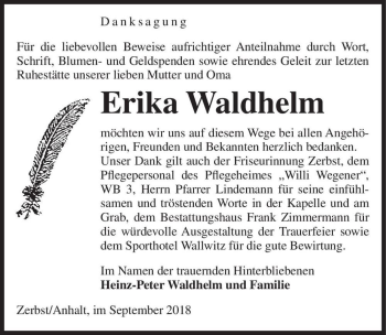 Traueranzeige von Erika Waldhelm  von Magdeburger Volksstimme