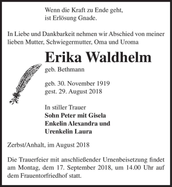 Traueranzeige von Erika Waldhelm (geb. Bethmann)  von Magdeburger Volksstimme
